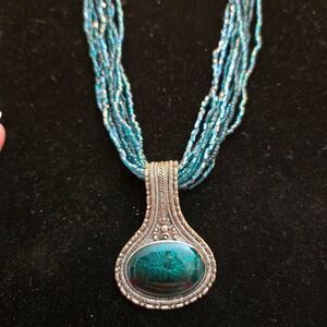 NEW Teal Bead Multi Strand Necklace with Mystic Pendant